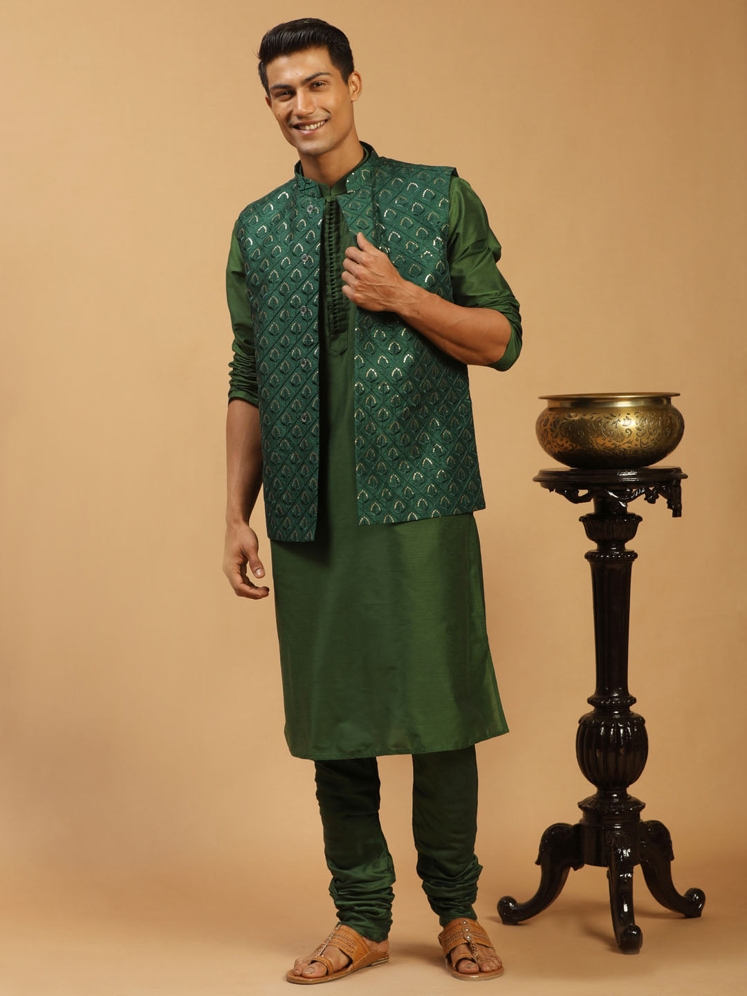 Sarvati Men's Green Embellished Jacket And Green Kurta Churidar Set