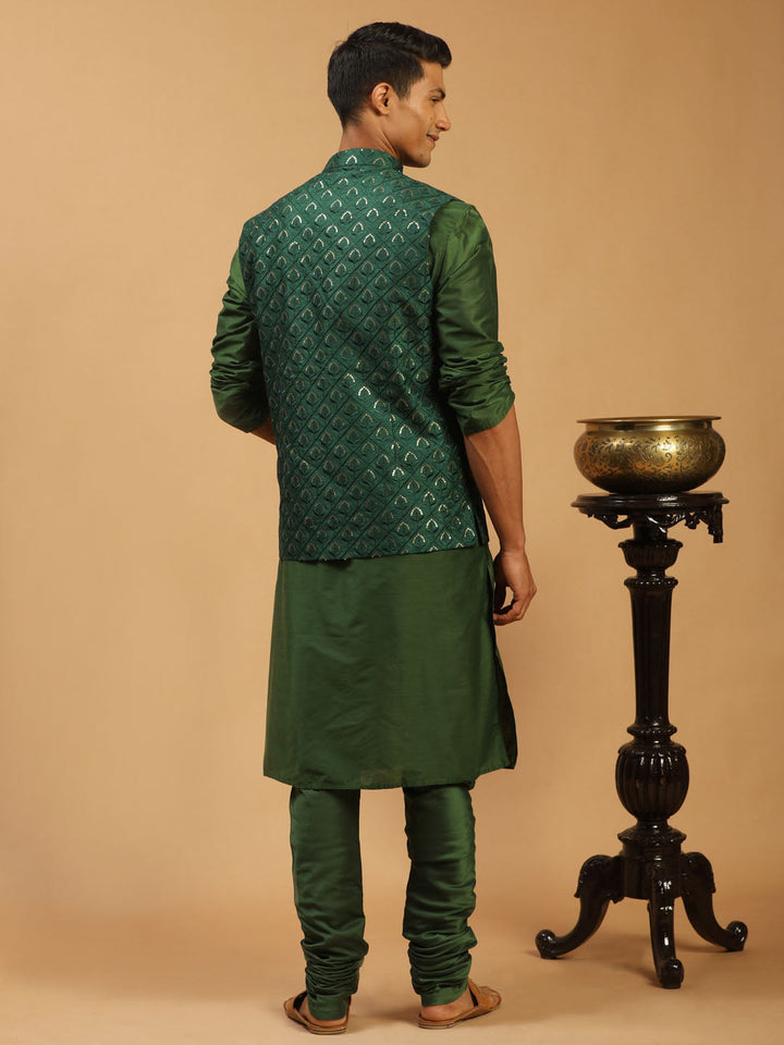 Sarvati Men's Green Embellished Jacket And Green Kurta Churidar Set