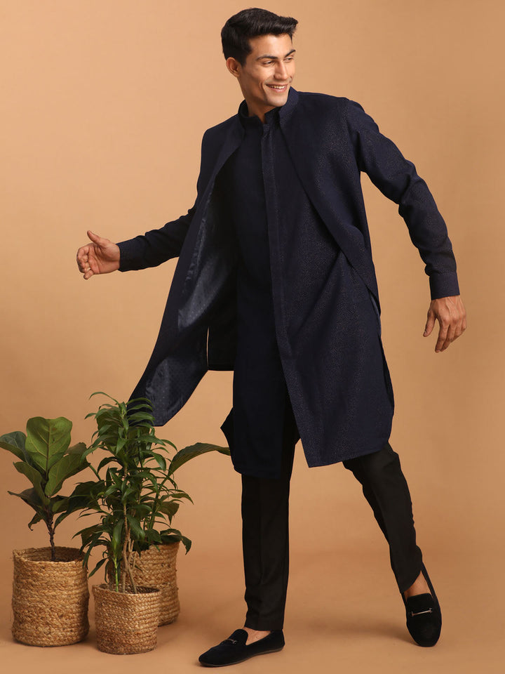 Sarvati Men's Navy Blue Printed Jacket Kurta Pant Set