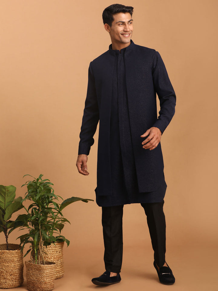 Sarvati Men's Navy Blue Printed Jacket Kurta Pant Set