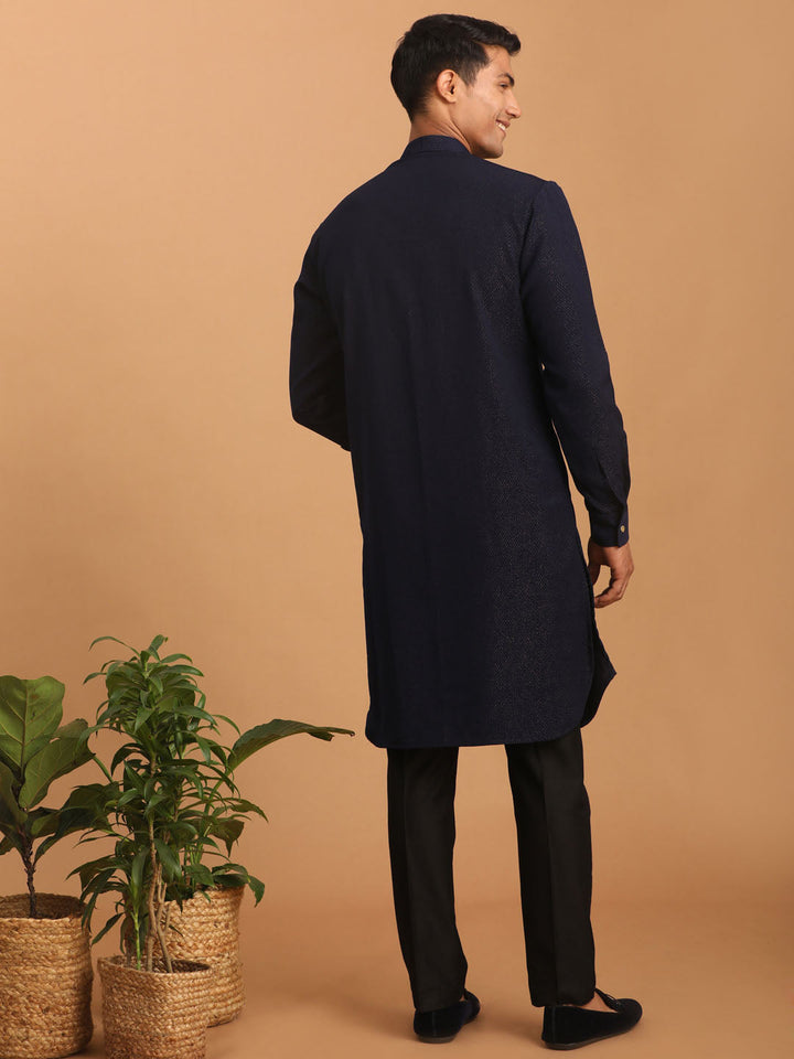 Sarvati Men's Navy Blue Printed Jacket Kurta Pant Set