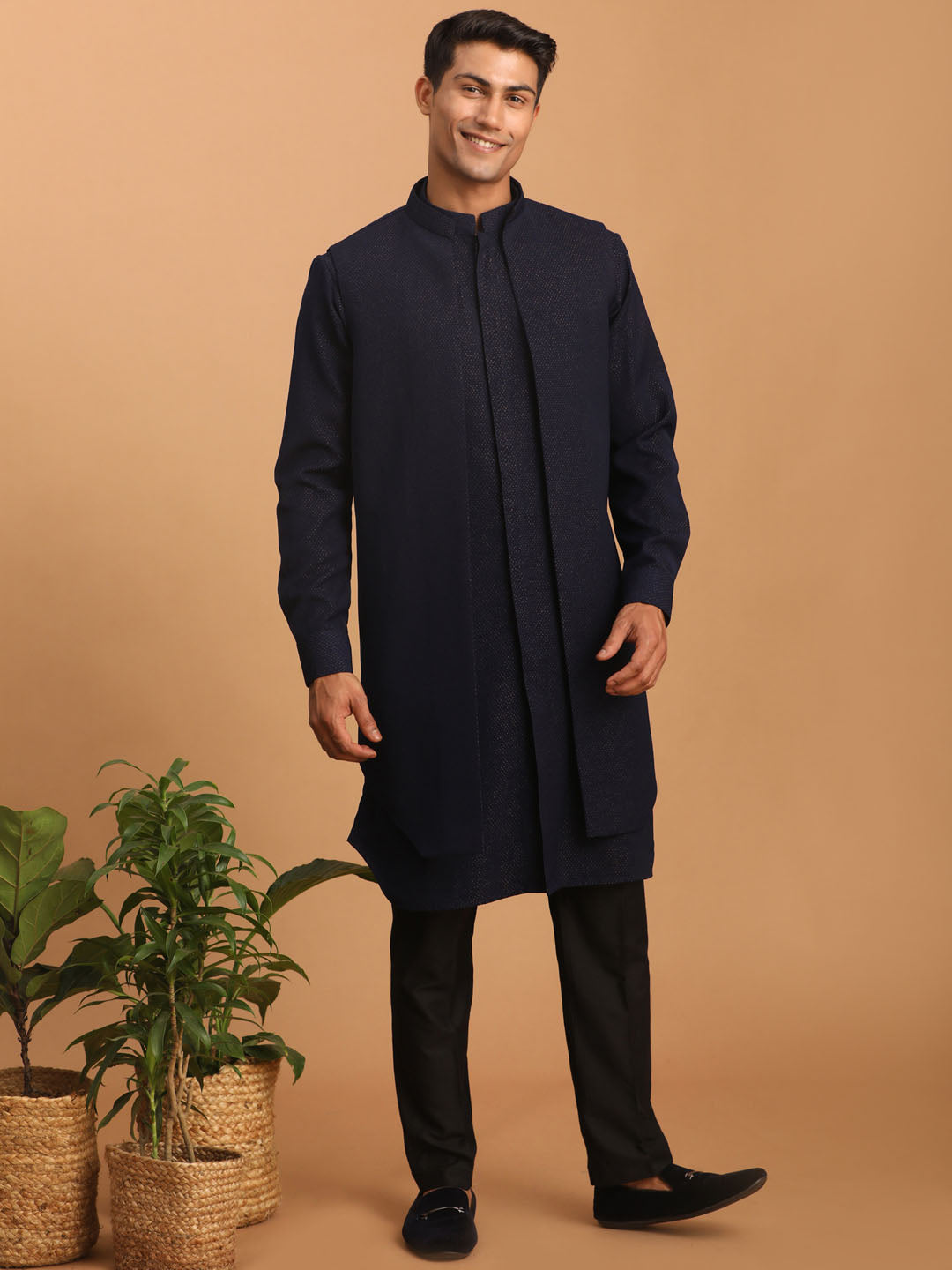 Sarvati Men's Navy Blue Printed Jacket Kurta Pant Set