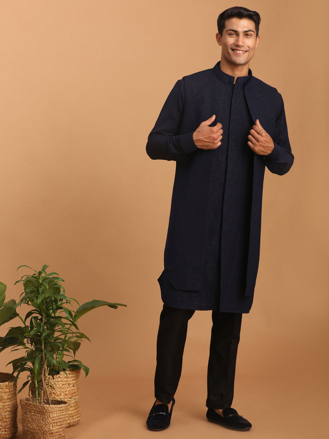 Sarvati Men's Navy Blue Printed Jacket Kurta Pant Set