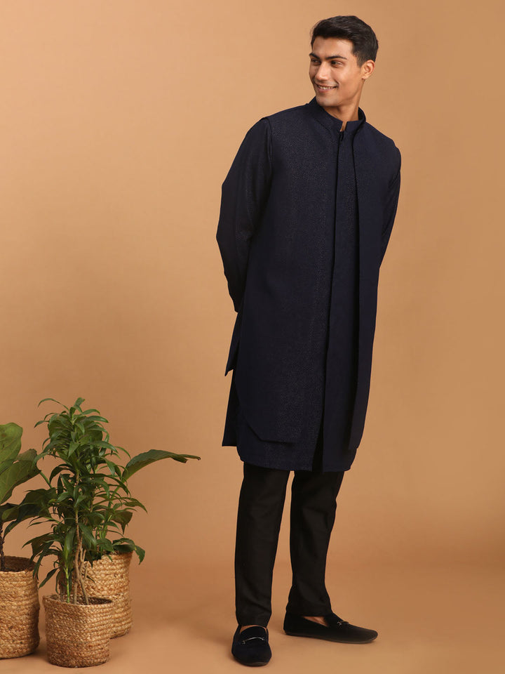 Sarvati Men's Navy Blue Printed Jacket Kurta Pant Set