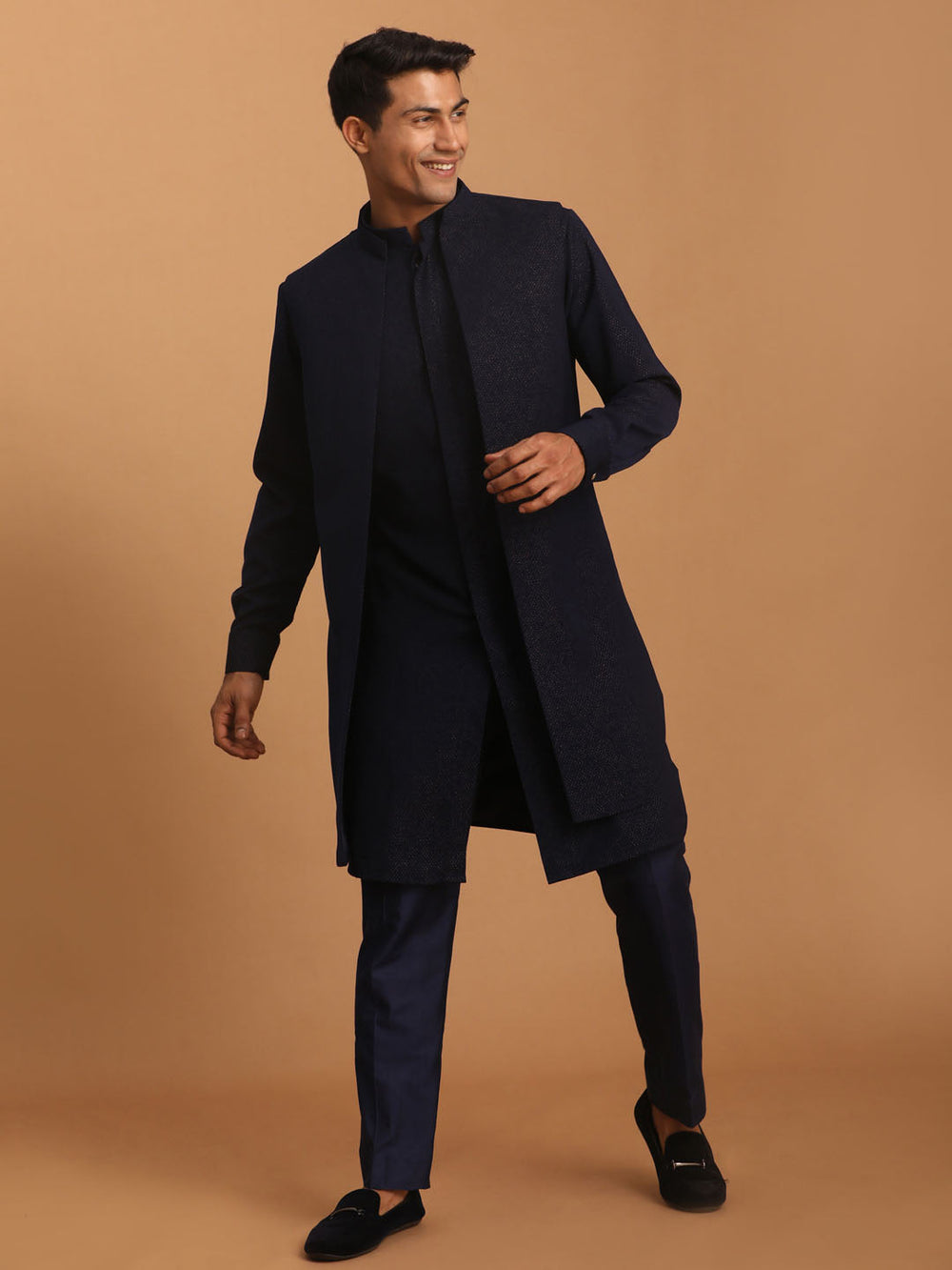 Sarvati Men's Navy Blue Printed Jacket Kurta Pant Set