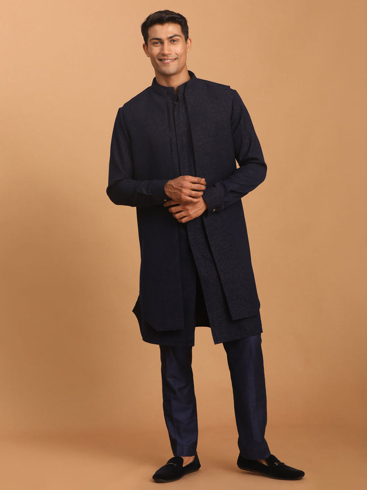 Sarvati Men's Navy Blue Printed Jacket Kurta Pant Set