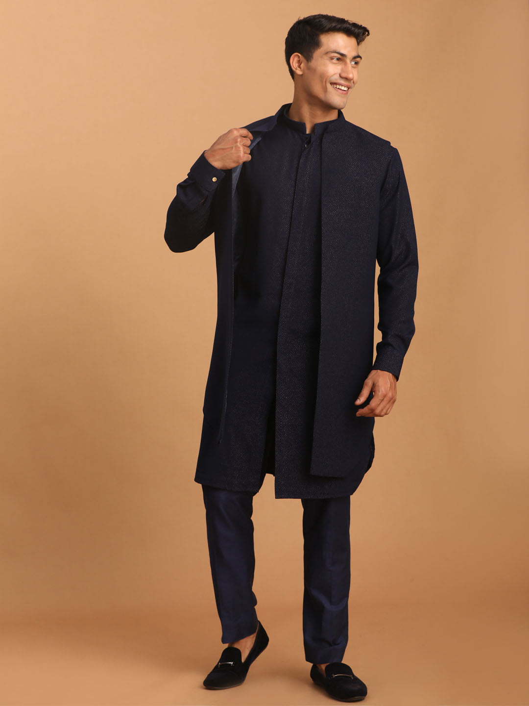 Sarvati Men's Navy Blue Printed Jacket Kurta Pant Set