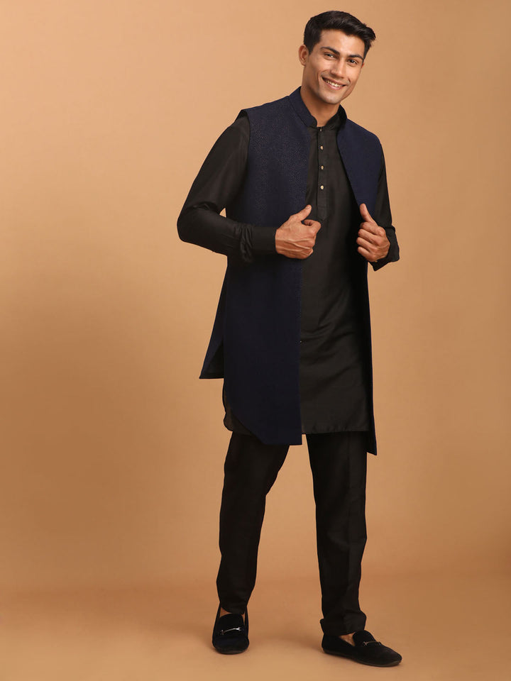 Sarvati Men's Navy Blue Dot Glitter Printed Jacket With Black Silk Blend Curved Hem Kurta And Pant Set