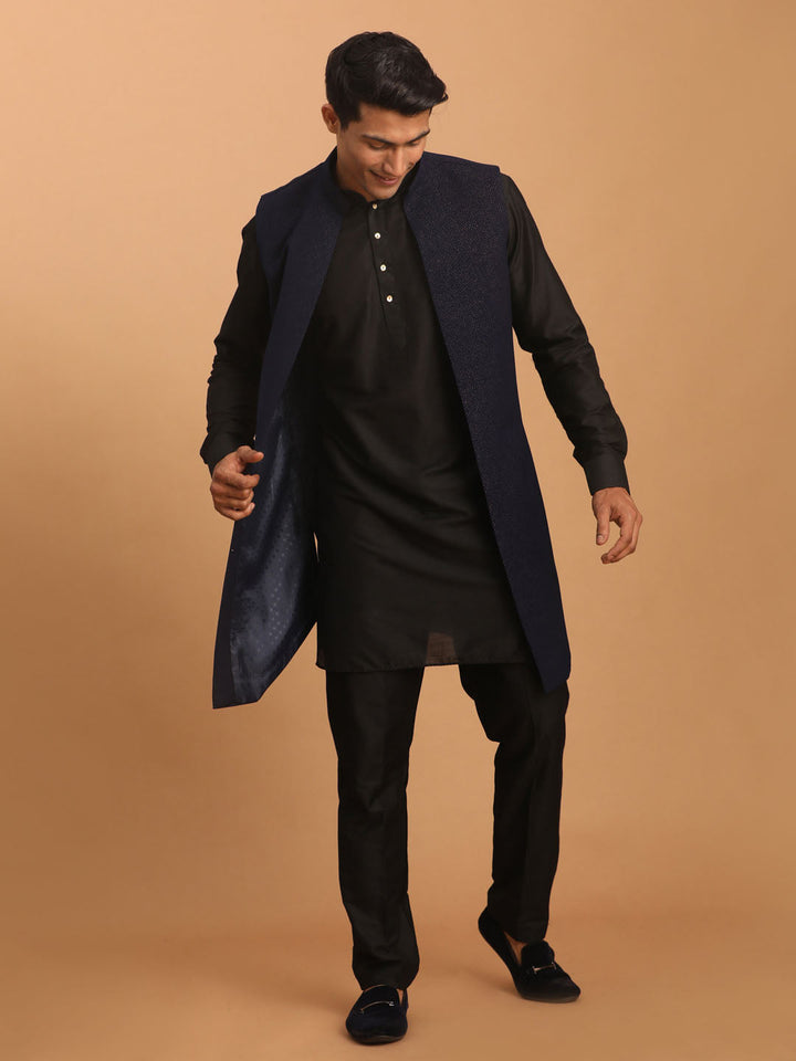 Sarvati Men's Navy Blue Dot Glitter Printed Jacket With Black Silk Blend Curved Hem Kurta And Pant Set