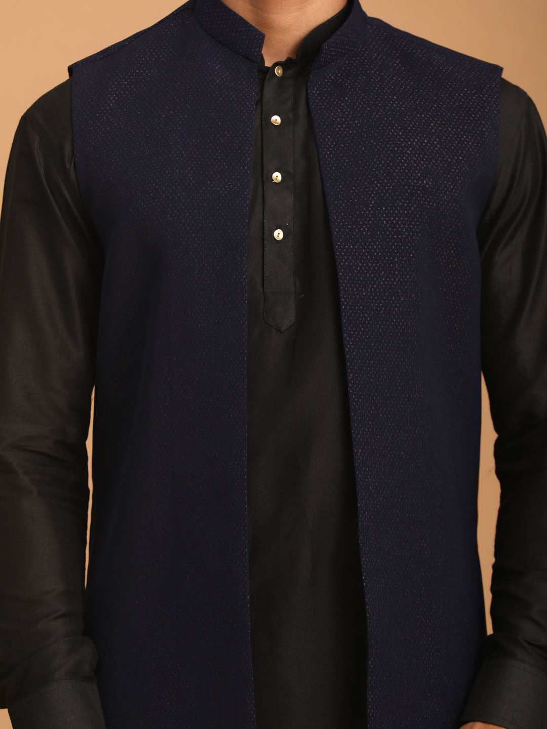 Sarvati Men's Navy Blue Dot Glitter Printed Jacket With Black Silk Blend Curved Hem Kurta And Pant Set