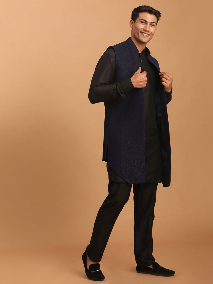 Sarvati Men's Navy Blue Dot Glitter Printed Jacket With Black Silk Blend Curved Hem Kurta And Pant Set