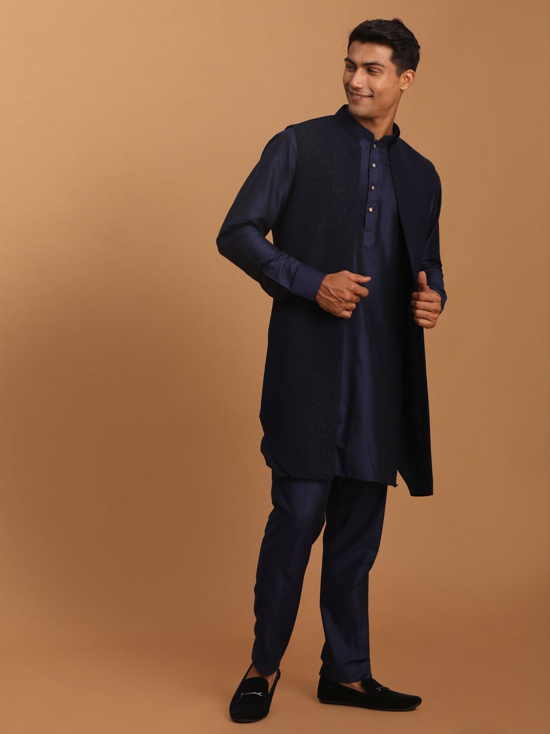 Sarvati Men's Navy Blue Dot Glitter Printed Jacket With Blue Silk Blend Curved Hem Kurta And Pant Set