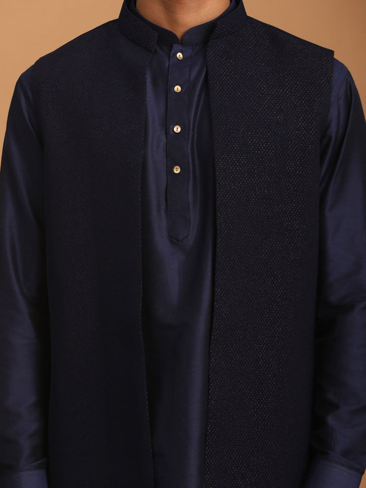 Sarvati Men's Navy Blue Dot Glitter Printed Jacket With Blue Silk Blend Curved Hem Kurta And Pant Set