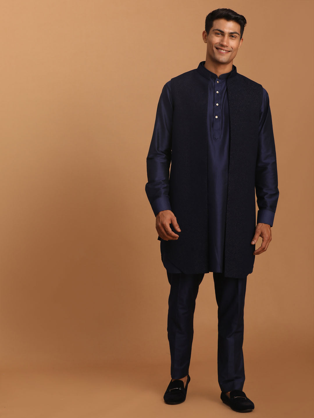 Sarvati Men's Navy Blue Dot Glitter Printed Jacket With Blue Silk Blend Curved Hem Kurta And Pant Set