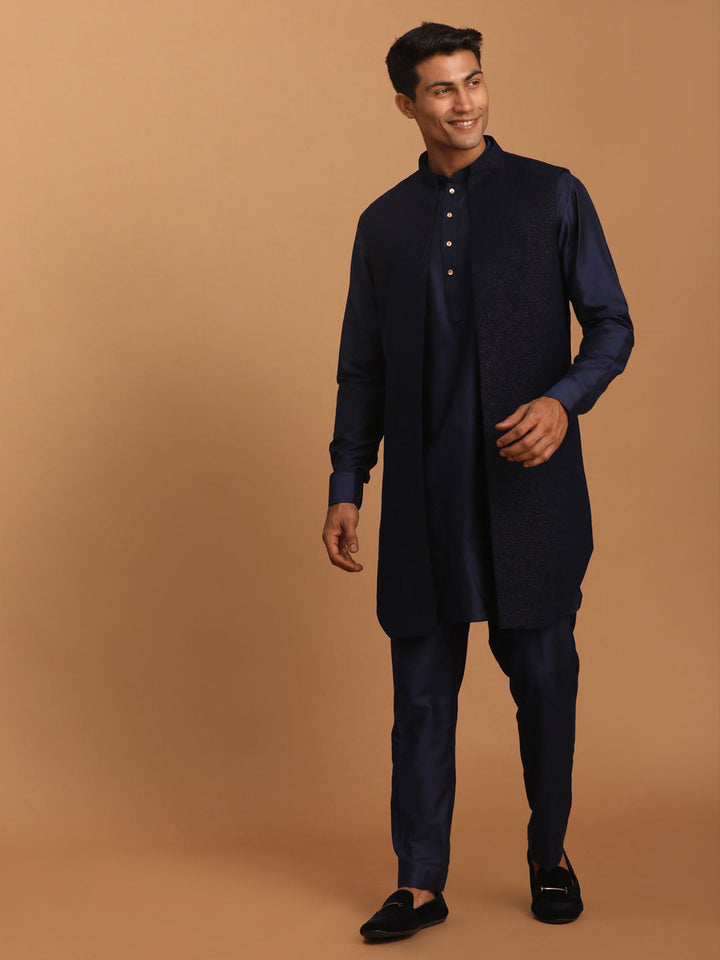 Sarvati Men's Navy Blue Dot Glitter Printed Jacket With Blue Silk Blend Curved Hem Kurta And Pant Set