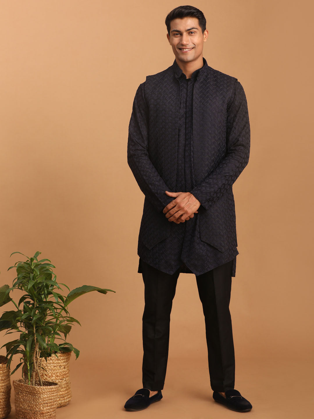 Sarvati Men's Navy Blue Jacket With Kurta Pant Set