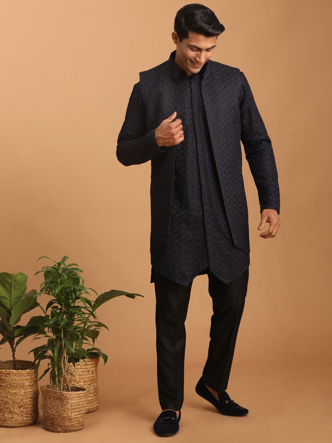 Sarvati Men's Navy Blue Jacket With Kurta Pant Set