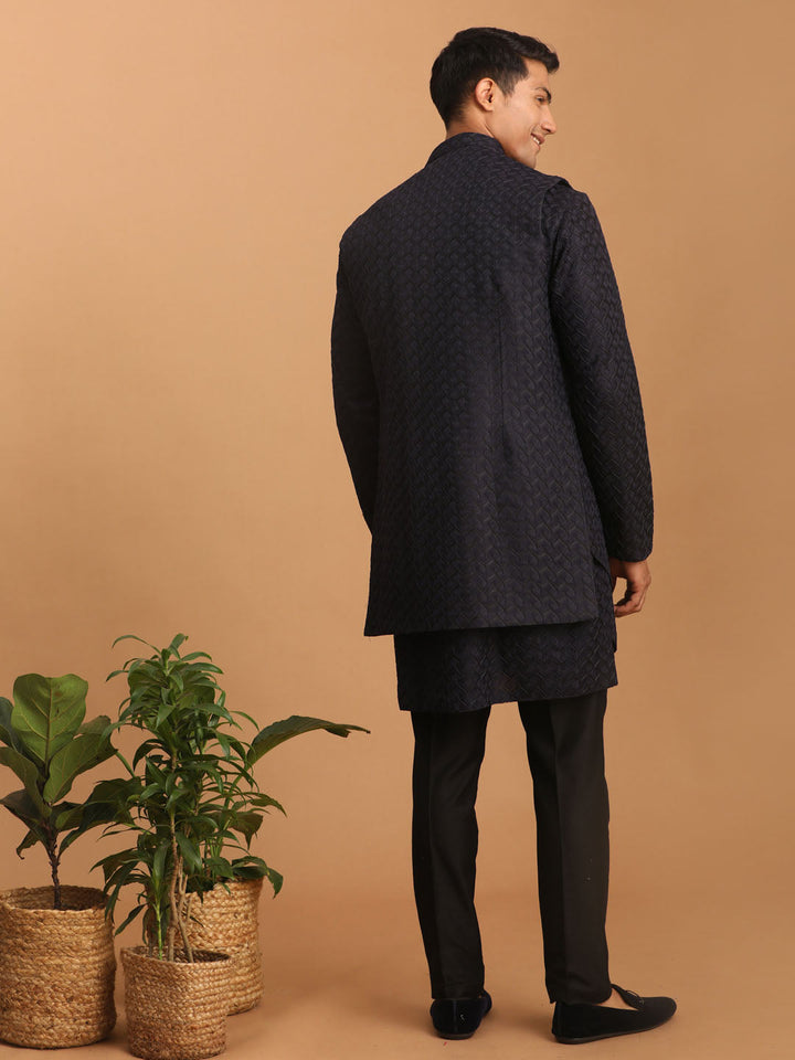 Sarvati Men's Navy Blue Jacket With Kurta Pant Set