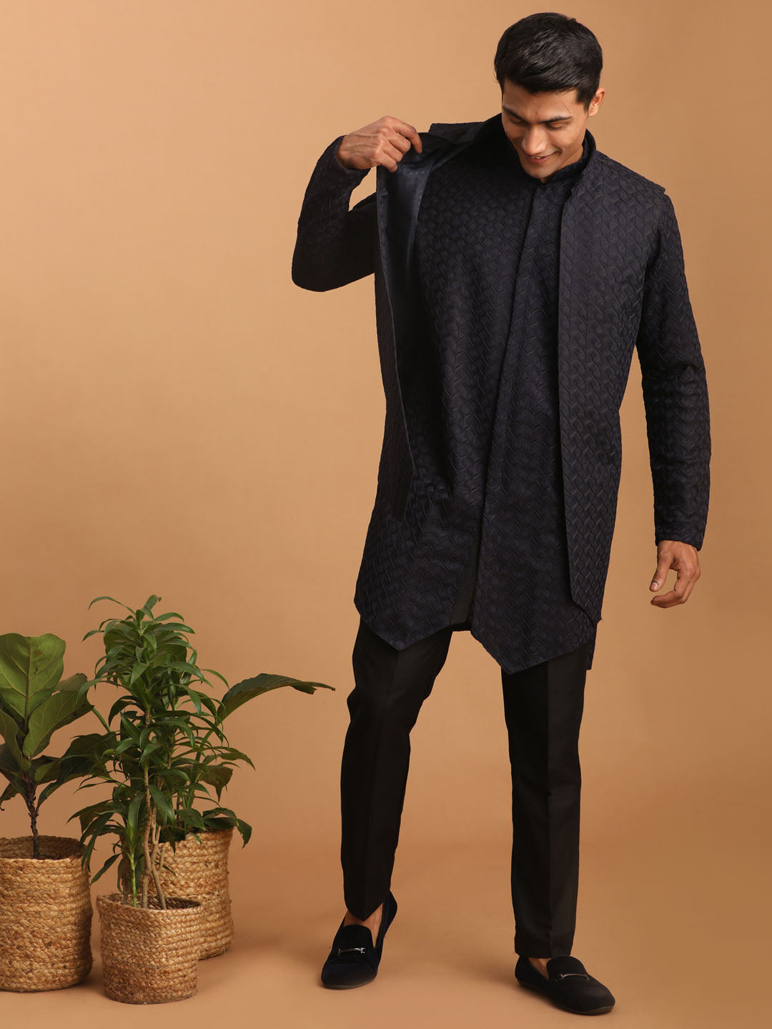 Sarvati Men's Navy Blue Jacket With Kurta Pant Set