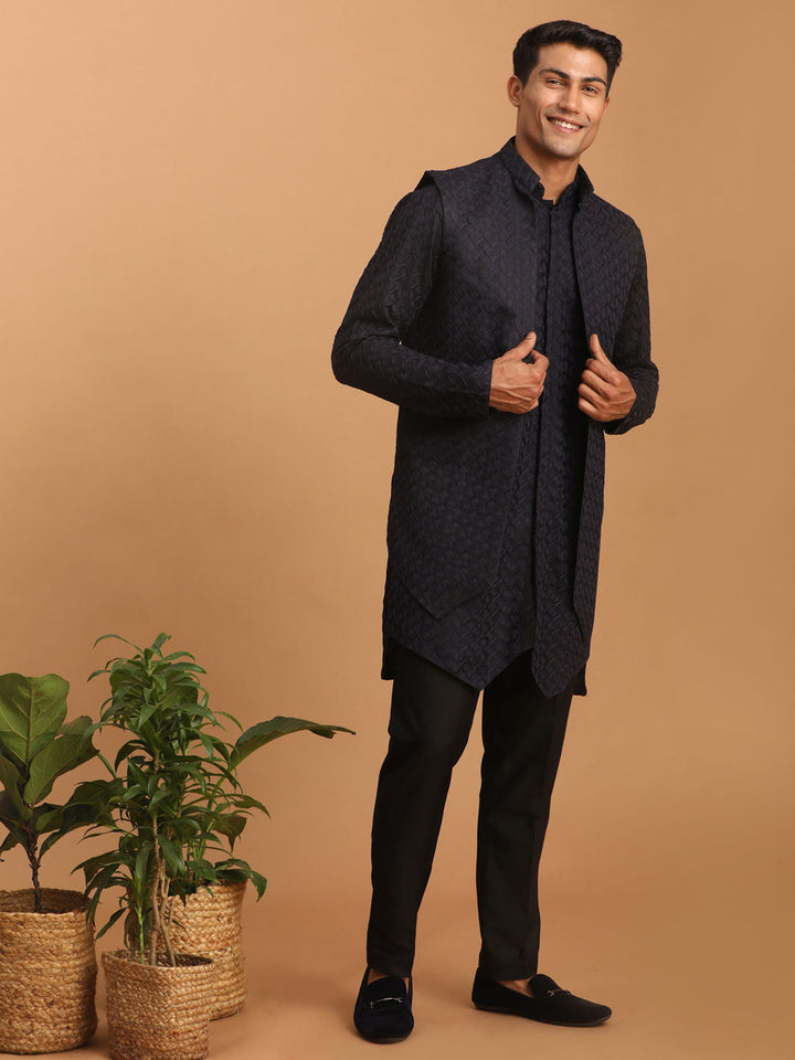 Sarvati Men's Navy Blue Jacket With Kurta Pant Set