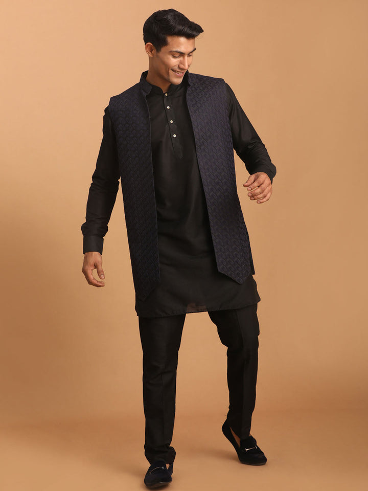 Sarvati Men's Navy Blue Jacket With Kurta Pant Set