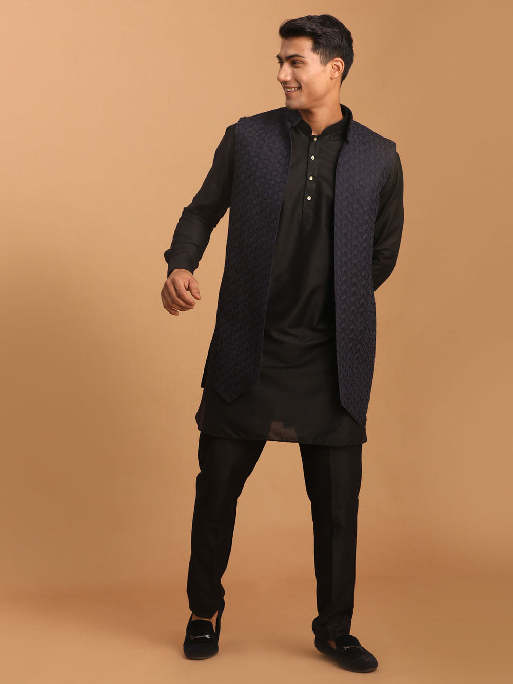 Sarvati Men's Navy Blue Jacket With Kurta Pant Set