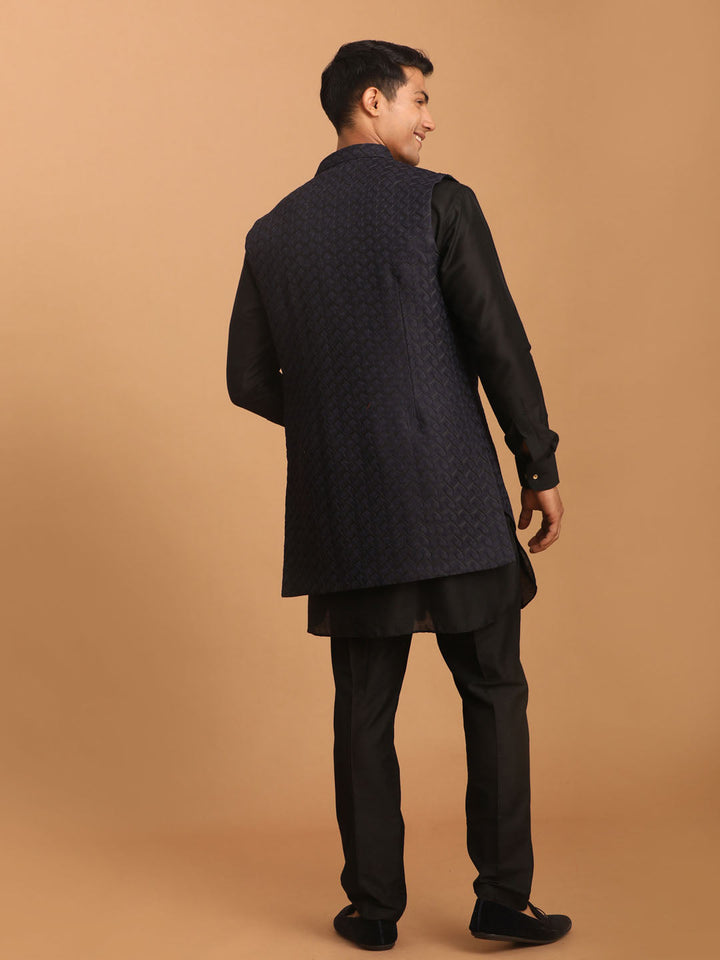 Sarvati Men's Navy Blue Jacket With Kurta Pant Set