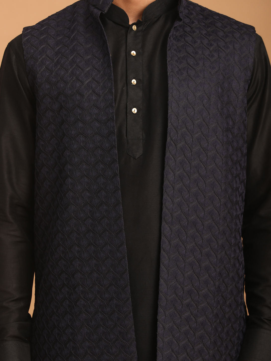 Sarvati Men's Navy Blue Jacket With Kurta Pant Set