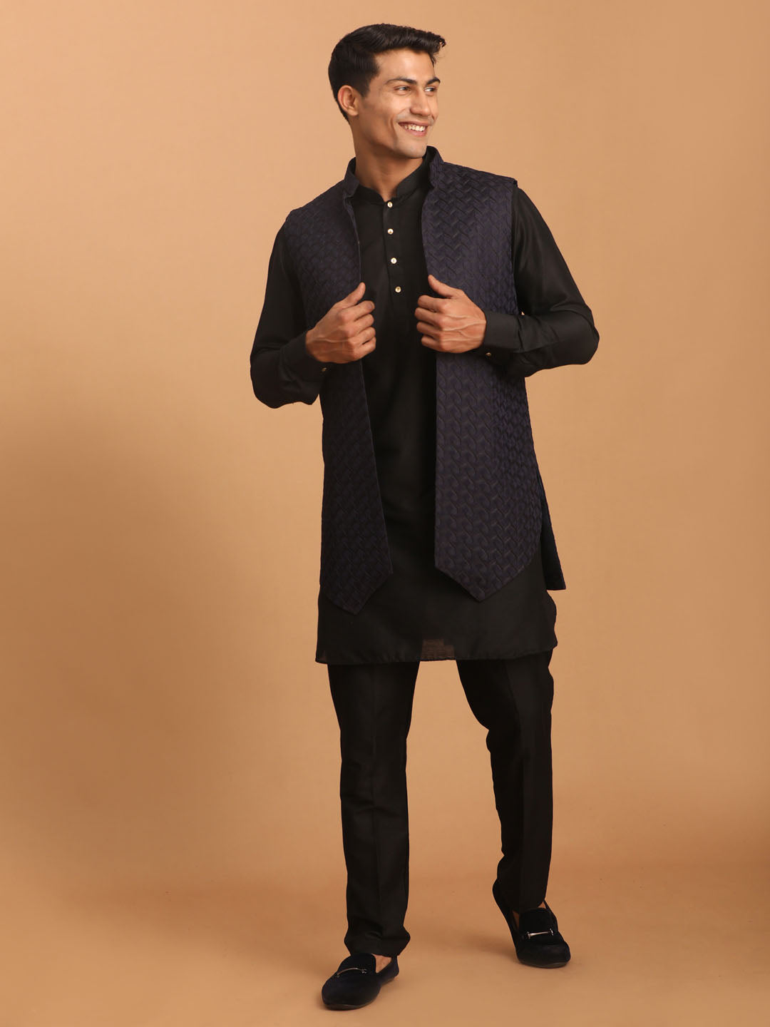 Sarvati Men's Navy Blue Jacket With Kurta Pant Set