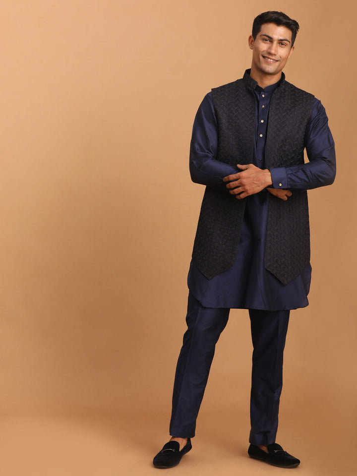 Sarvati Men's Blue Woven Jacket With Kurta Pant Set