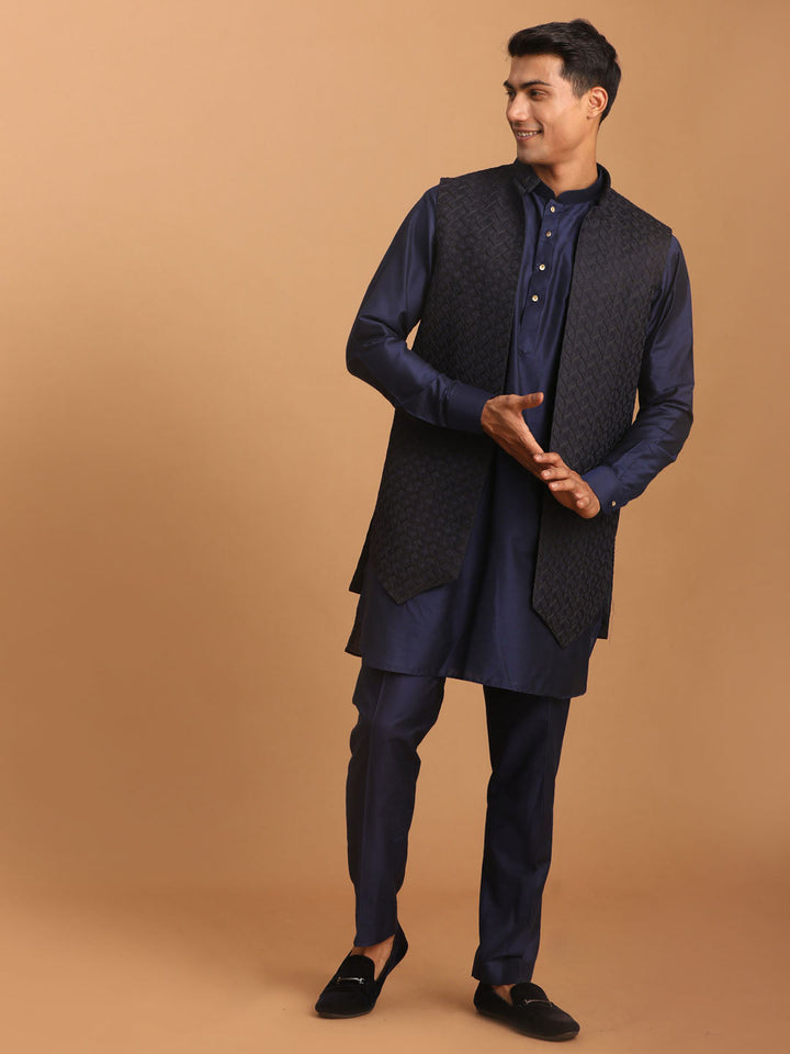 Sarvati Men's Blue Woven Jacket With Kurta Pant Set