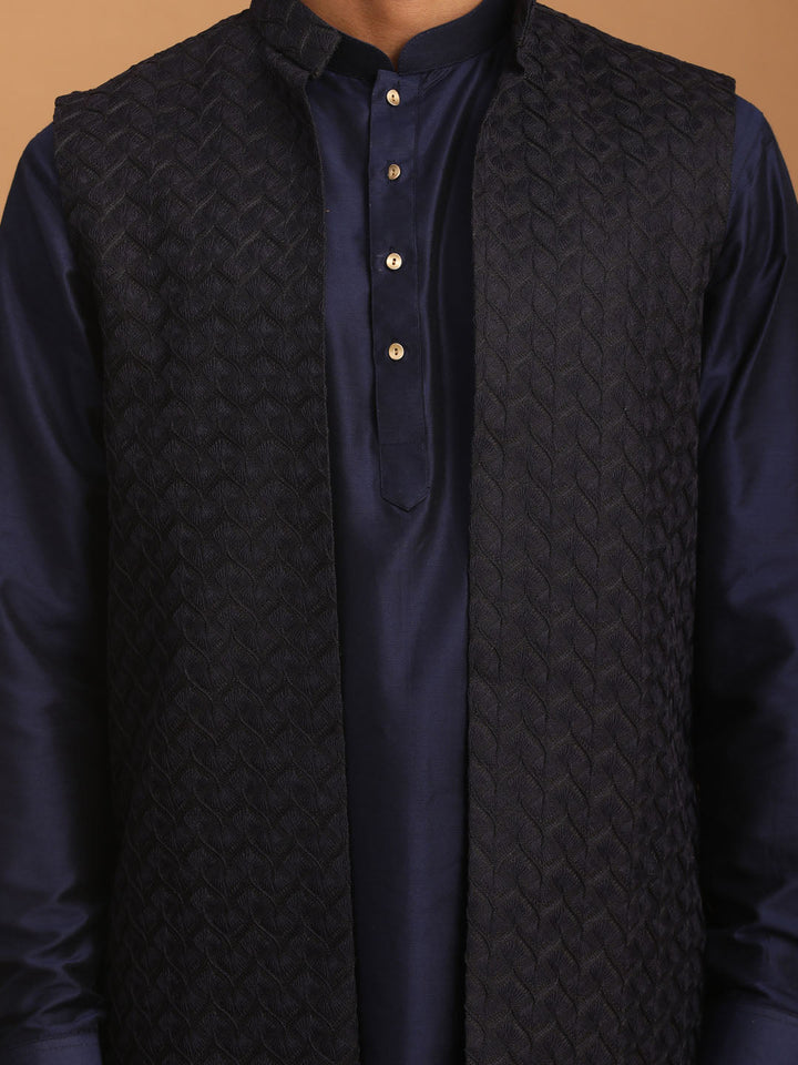 Sarvati Men's Blue Woven Jacket With Kurta Pant Set