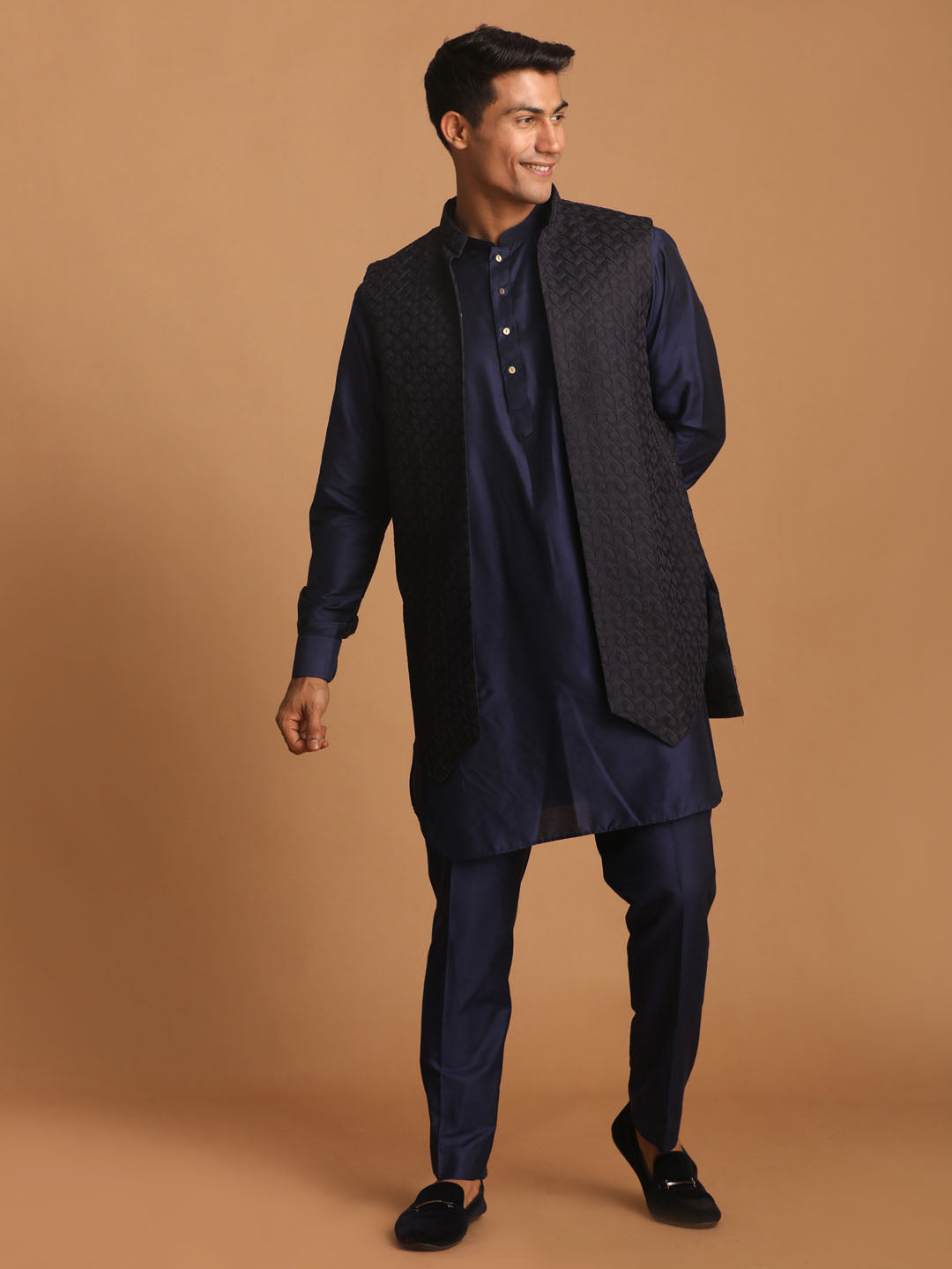 Sarvati Men's Blue Woven Jacket With Kurta Pant Set