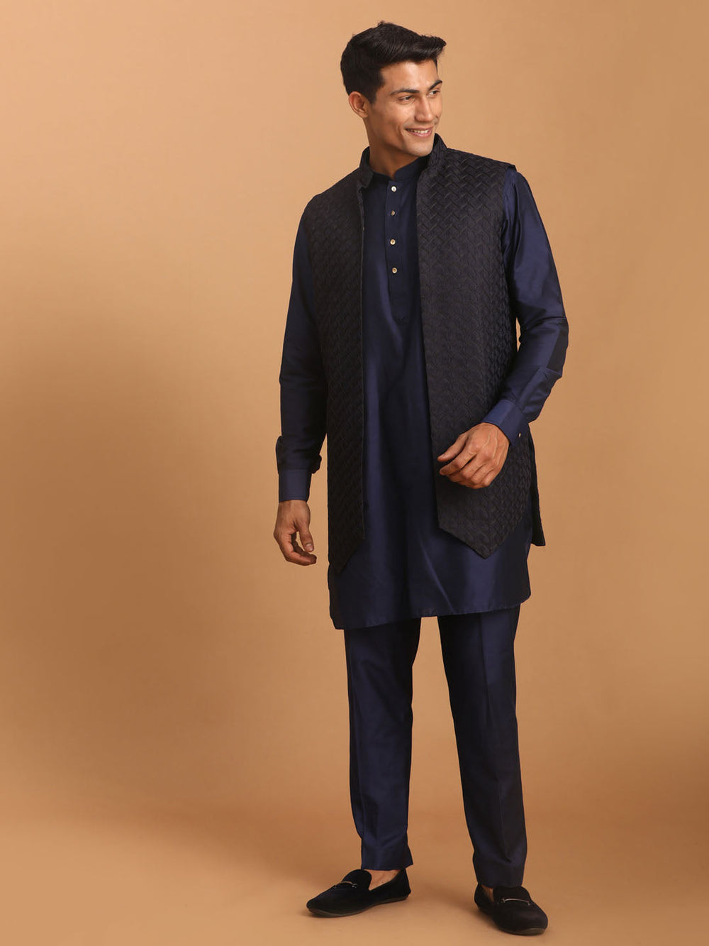 Sarvati Men's Blue Woven Jacket With Kurta Pant Set