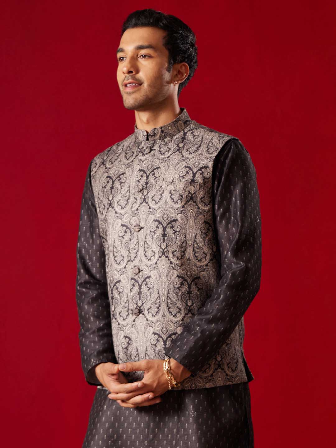 Men's Black Jacquard Silk Blend Ethnic Jacket - view 2