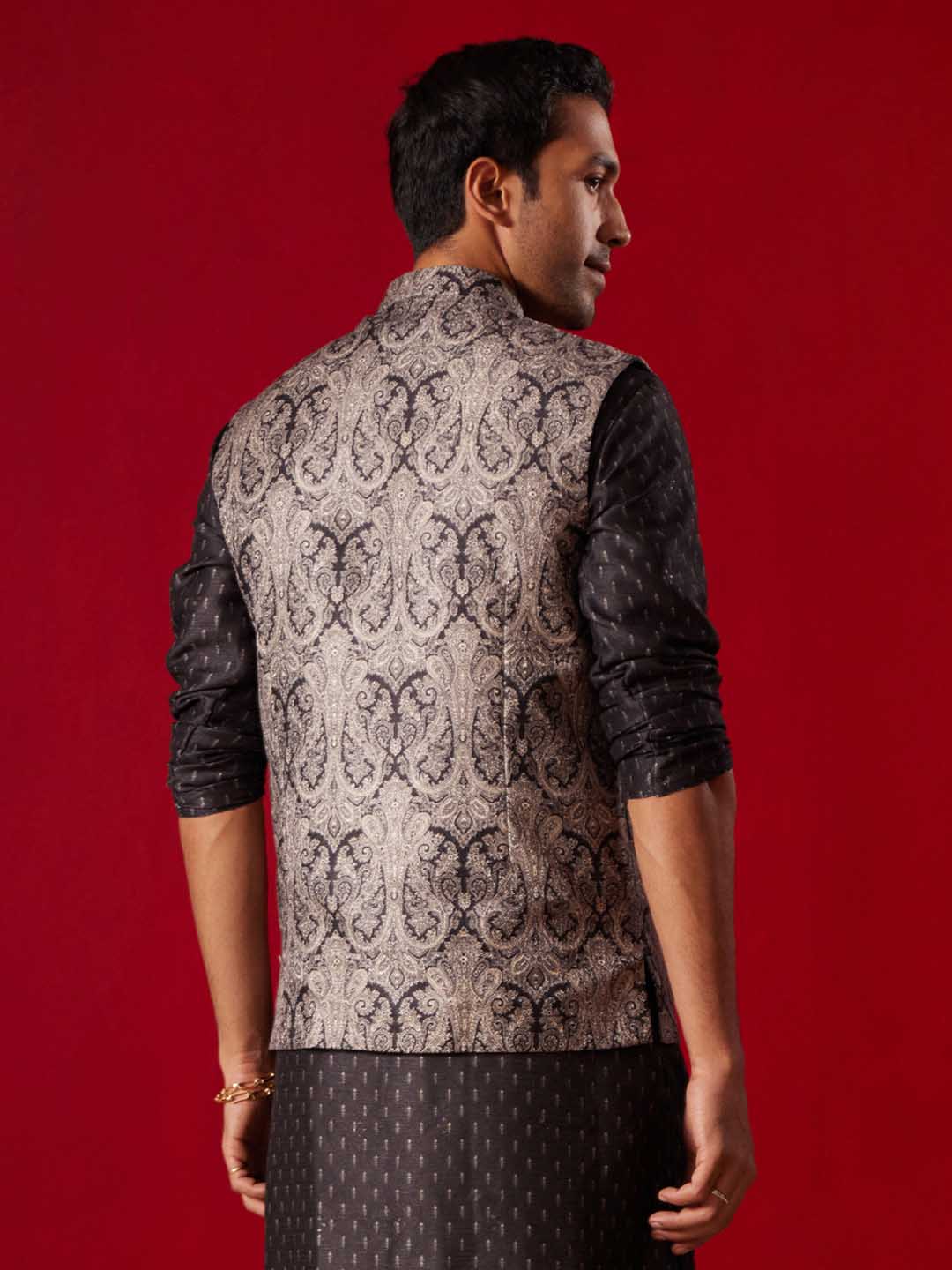 Men's Black Jacquard Silk Blend Ethnic Jacket - view 3