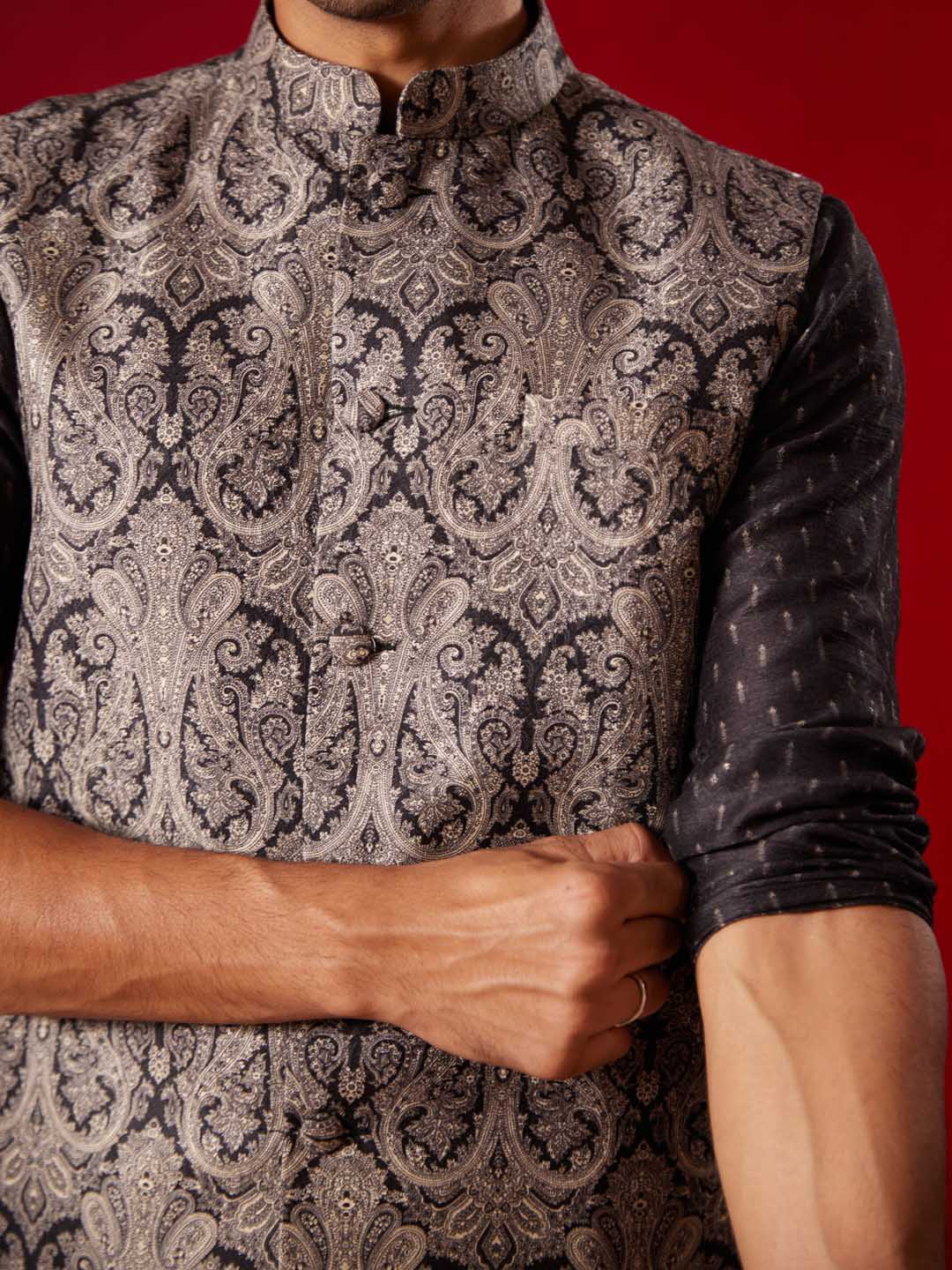 Men's Black Jacquard Silk Blend Ethnic Jacket - view 4