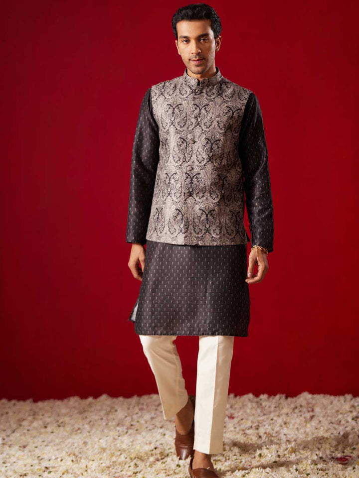 Men's Black Jacquard Silk Blend Ethnic Jacket - view 5