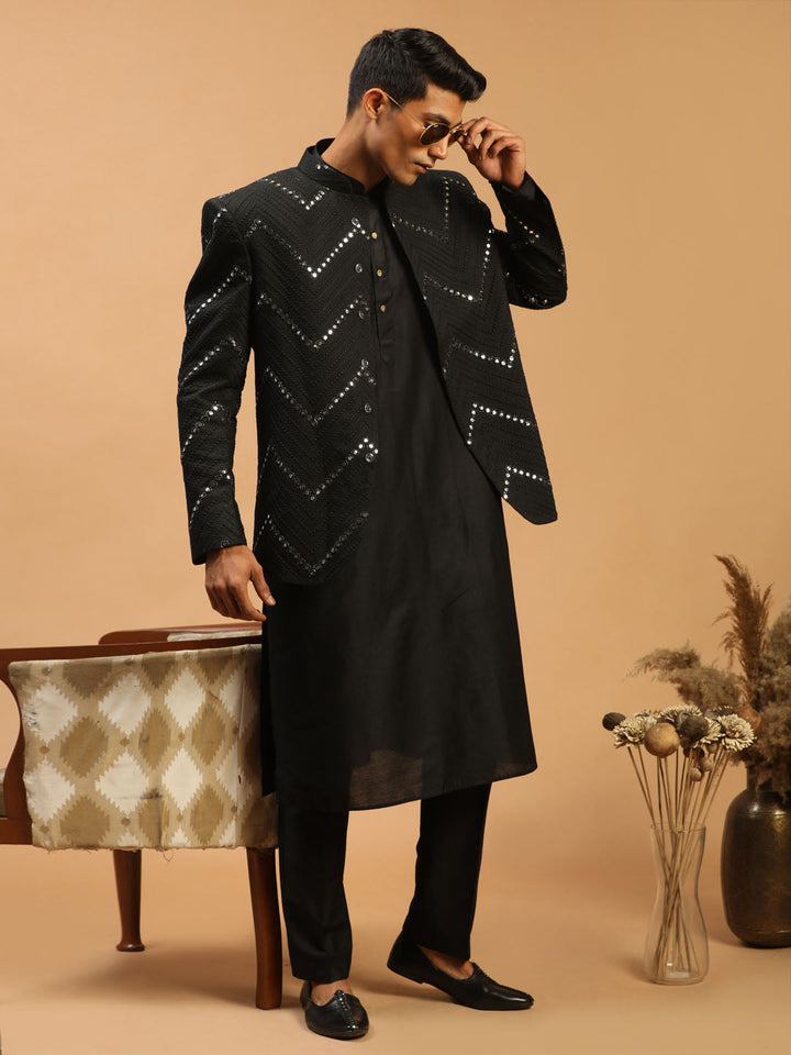 Sarvati Men's Black Mirror Jodhpuri With Kurta Pant Set