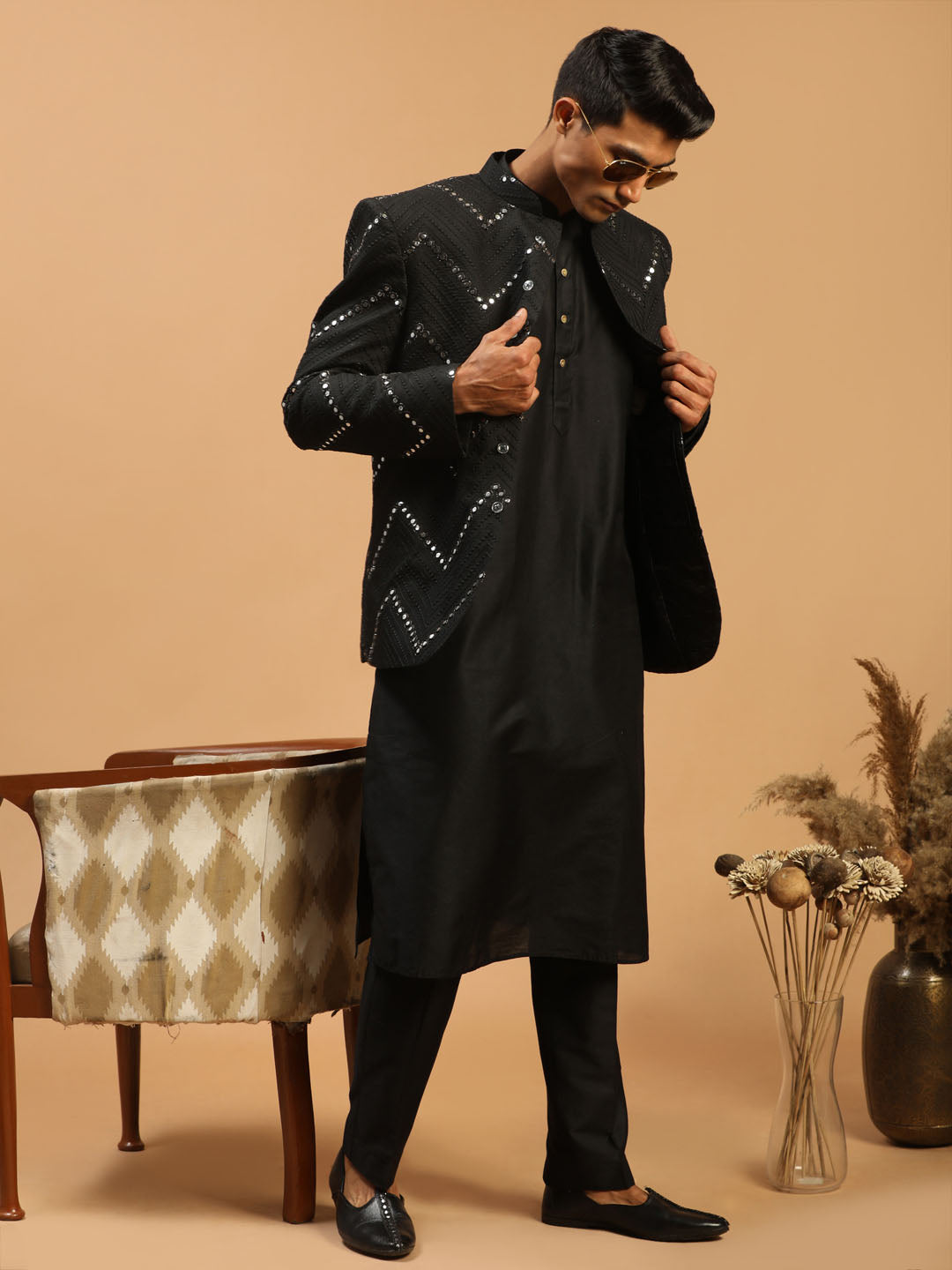 Sarvati Men's Black Mirror Jodhpuri With Kurta Pant Set