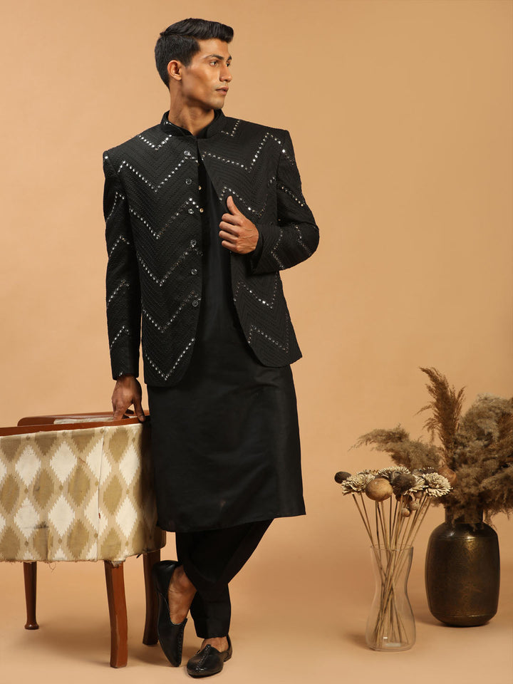 Sarvati Men's Black Mirror Jodhpuri With Kurta Pant Set