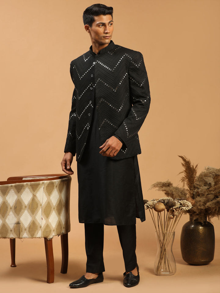 Sarvati Men's Black Mirror Jodhpuri With Kurta Pant Set