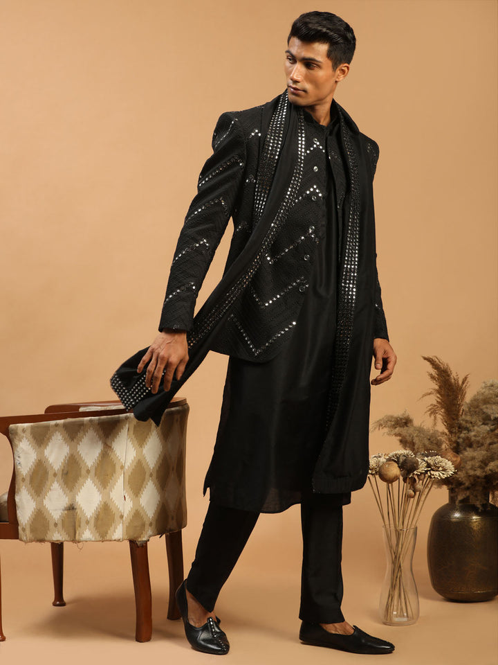 Sarvati Men's Black Mirror Jodhpuri With Kurta Pant And Dupatta Set