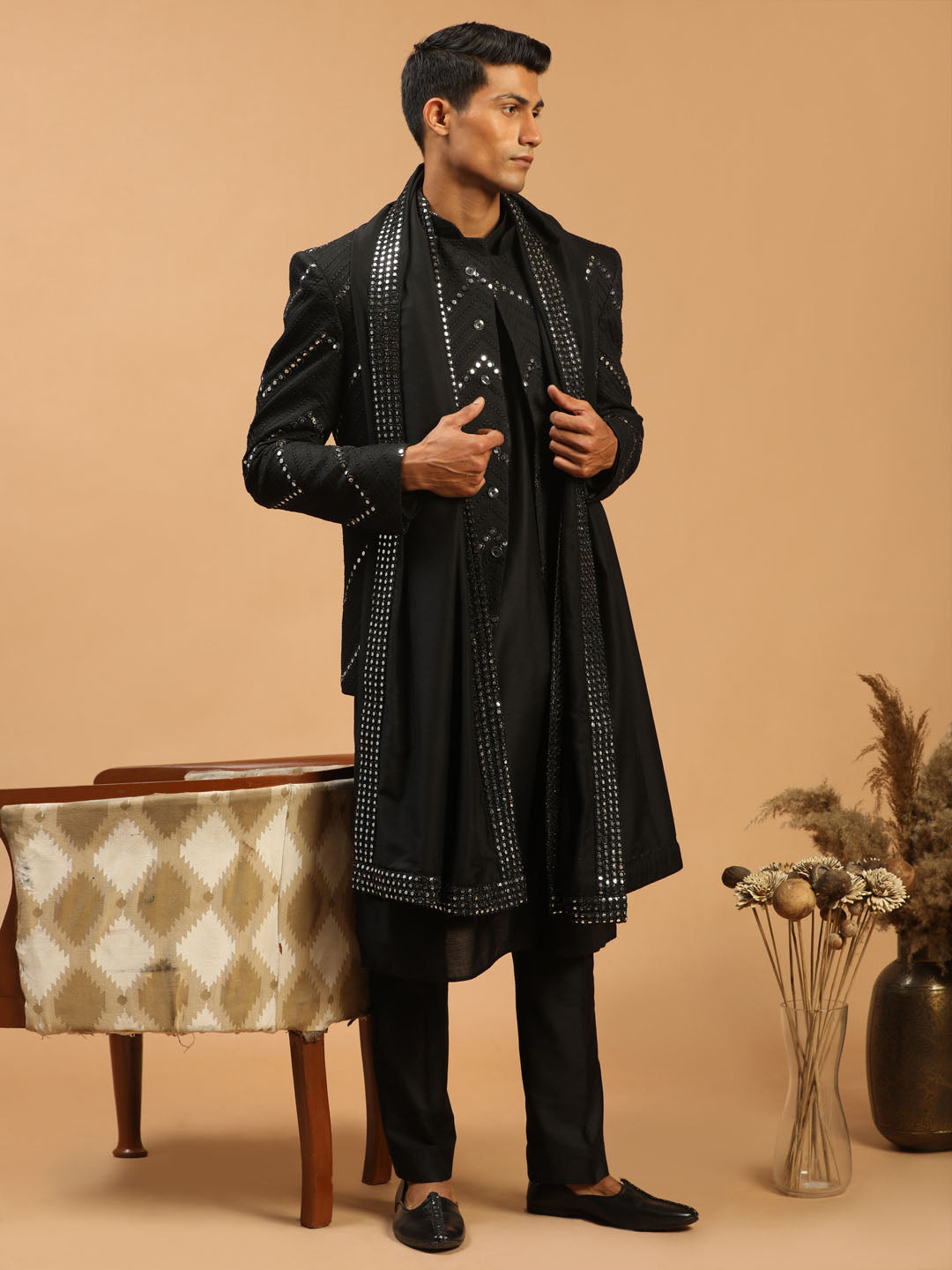 Sarvati Men's Black Mirror Jodhpuri With Kurta Pant And Dupatta Set