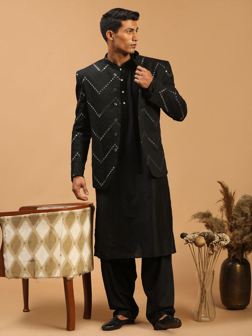 Men's Black Mirror Jodhpuri With Kurta Patiala Set