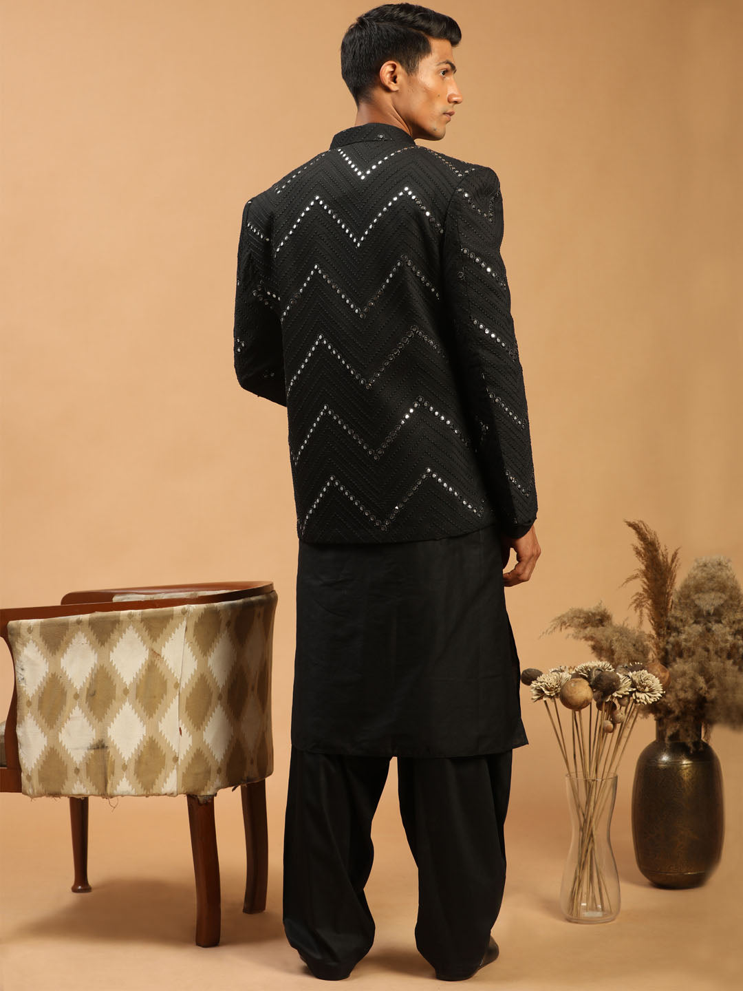 Sarvati Men's Black Mirror Jodhpuri With kurta Patiala Set