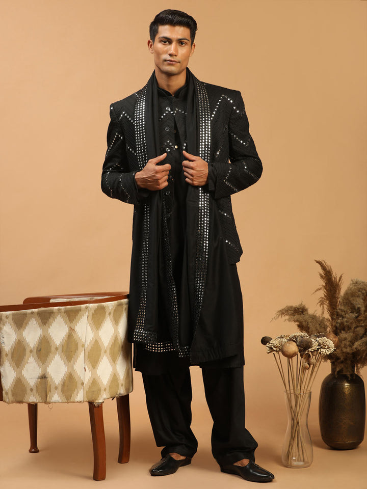 Sarvati Men's Black Mirror Jodhpuri With Kurta Patiala And Dupatta Set