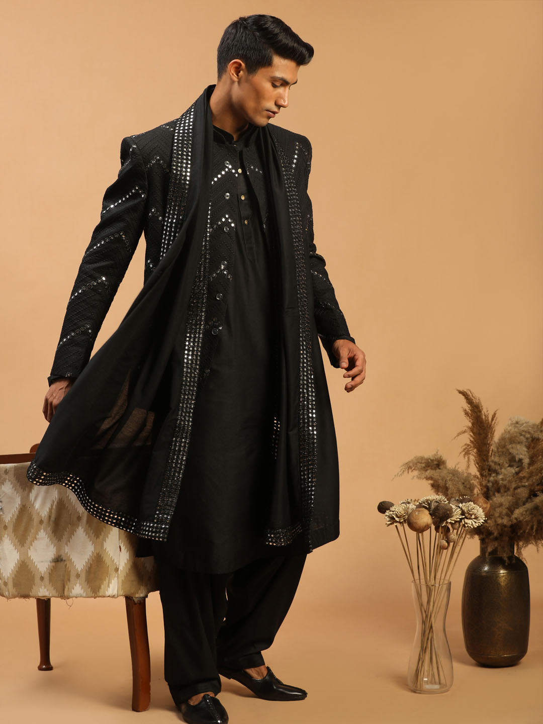 Sarvati Men's Black Mirror Jodhpuri With Kurta Patiala And Dupatta Set