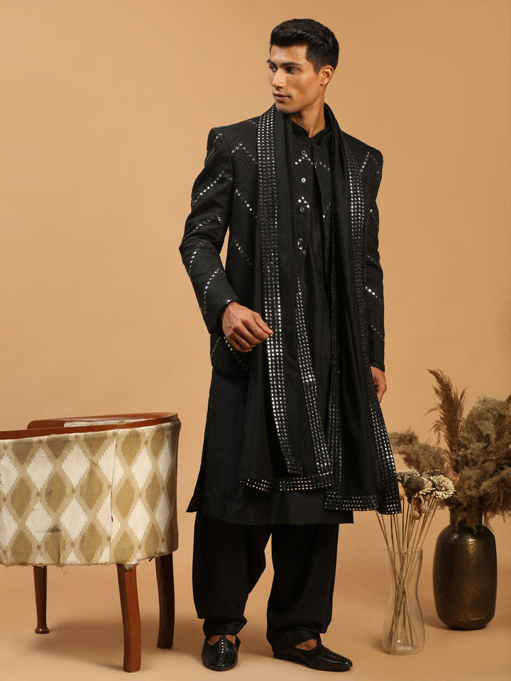 Sarvati Men's Black Mirror Jodhpuri With Kurta Patiala And Dupatta Set