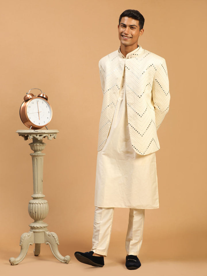 Sarvati Men's Cream Mirror Jodhpuri With Kurta Pant Set